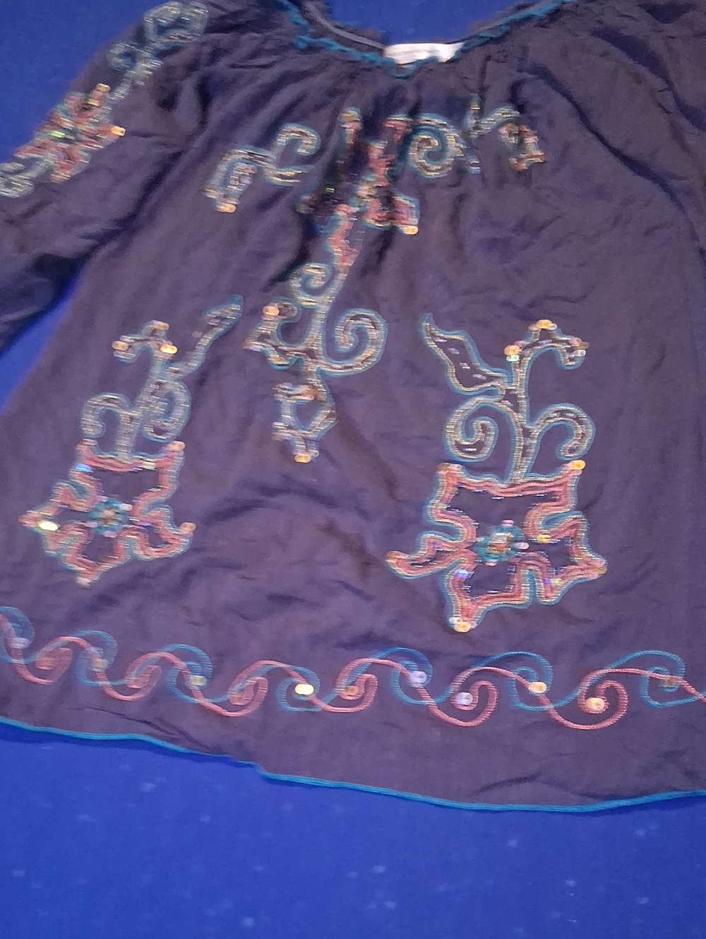 Womens Navy Embroidered Peasant Blouse
